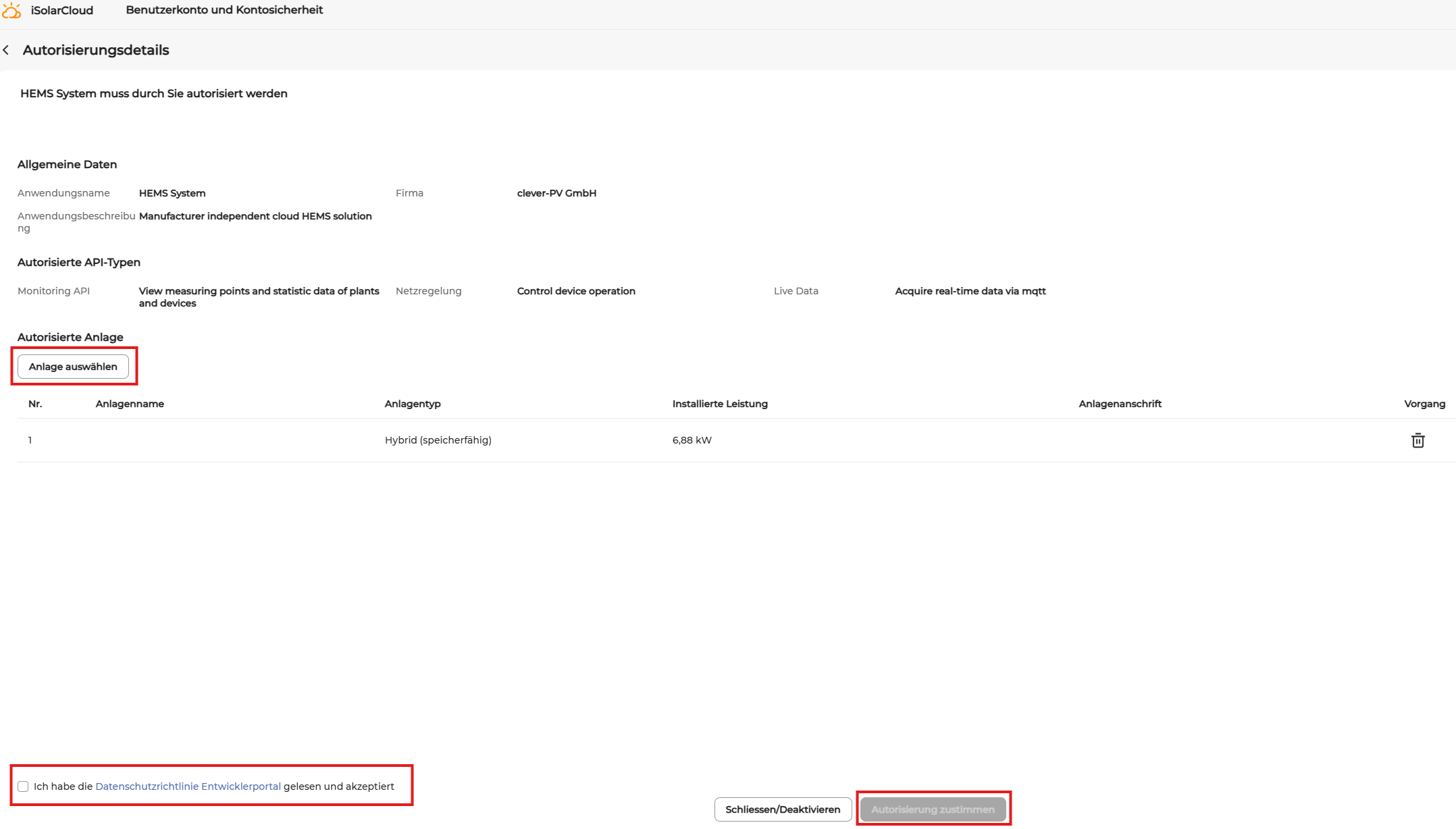 Sungrow authorization details screenshot